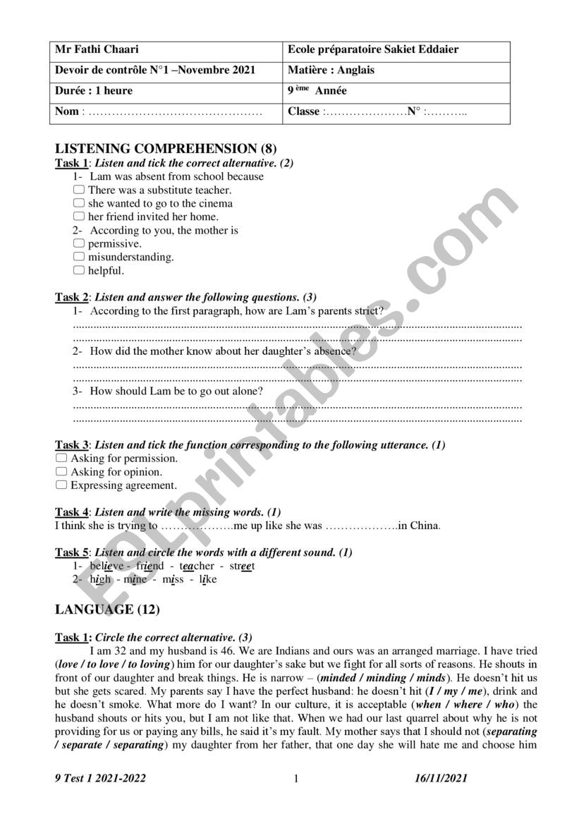 9 Test 1 2021-2022 worksheet