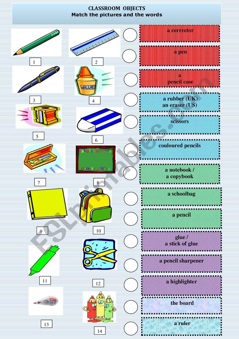 Classroom objects worksheet