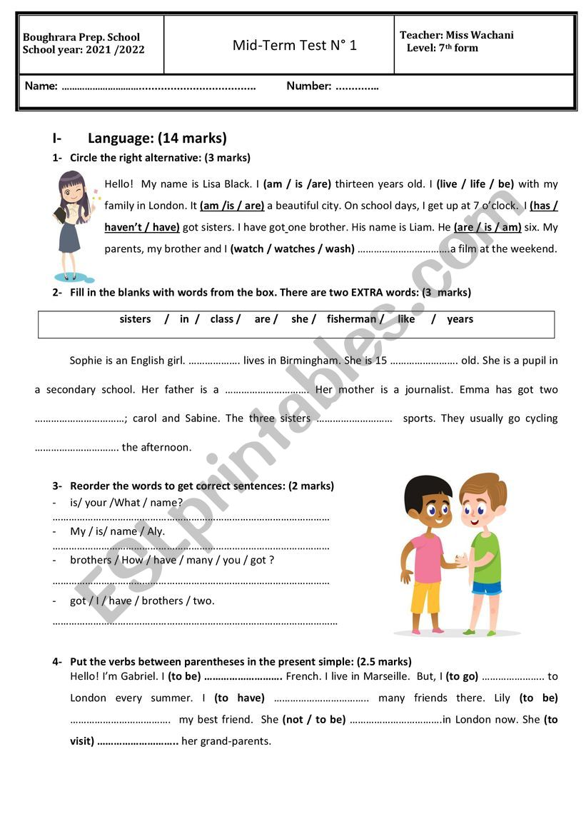 Mid-term test n1 - 7th Form worksheet