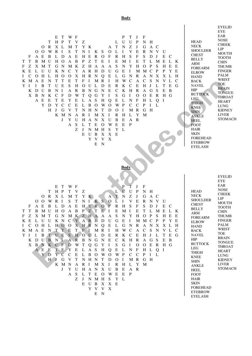Body wordsearch worksheet