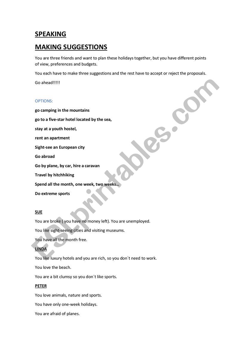 Making suggestion. Speaking activity