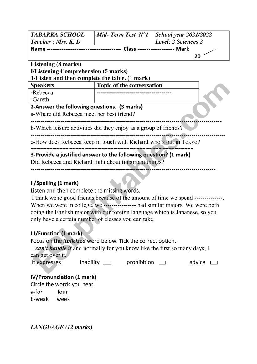 English test N 1 Level 2 Sciences