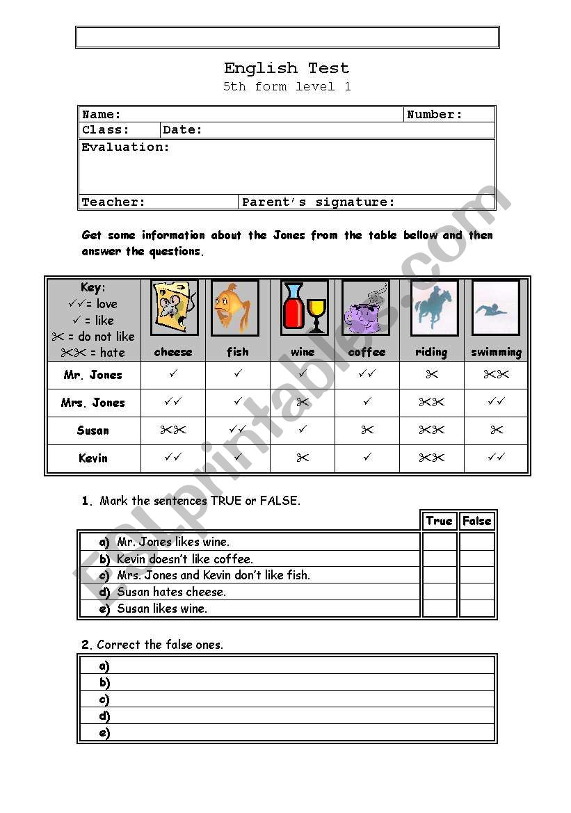 Likes and Dislikes worksheet