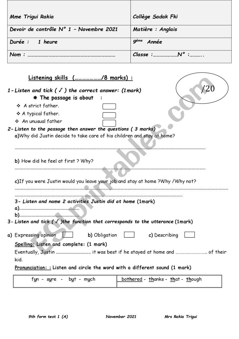 9th form test (term 1) worksheet