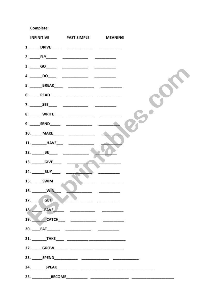 INFINITIVE PAST SIMPLE VERBS  worksheet