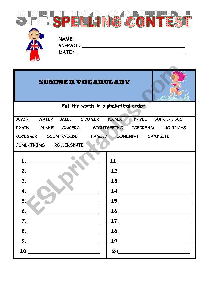 Spelling contest worksheet