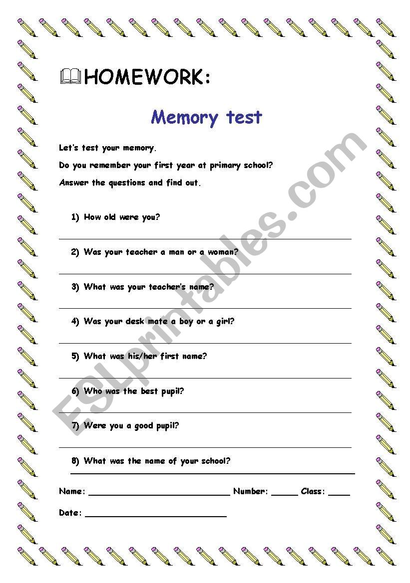 Memory test worksheet