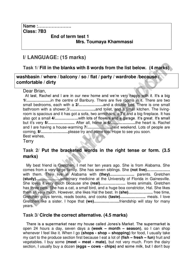 7TH FORM / END OF TERM TEST 1 worksheet