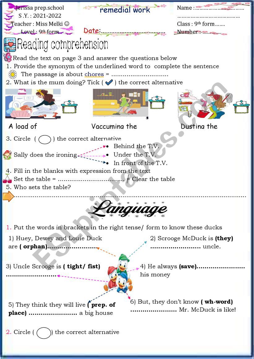 remedial work 9th form worksheet