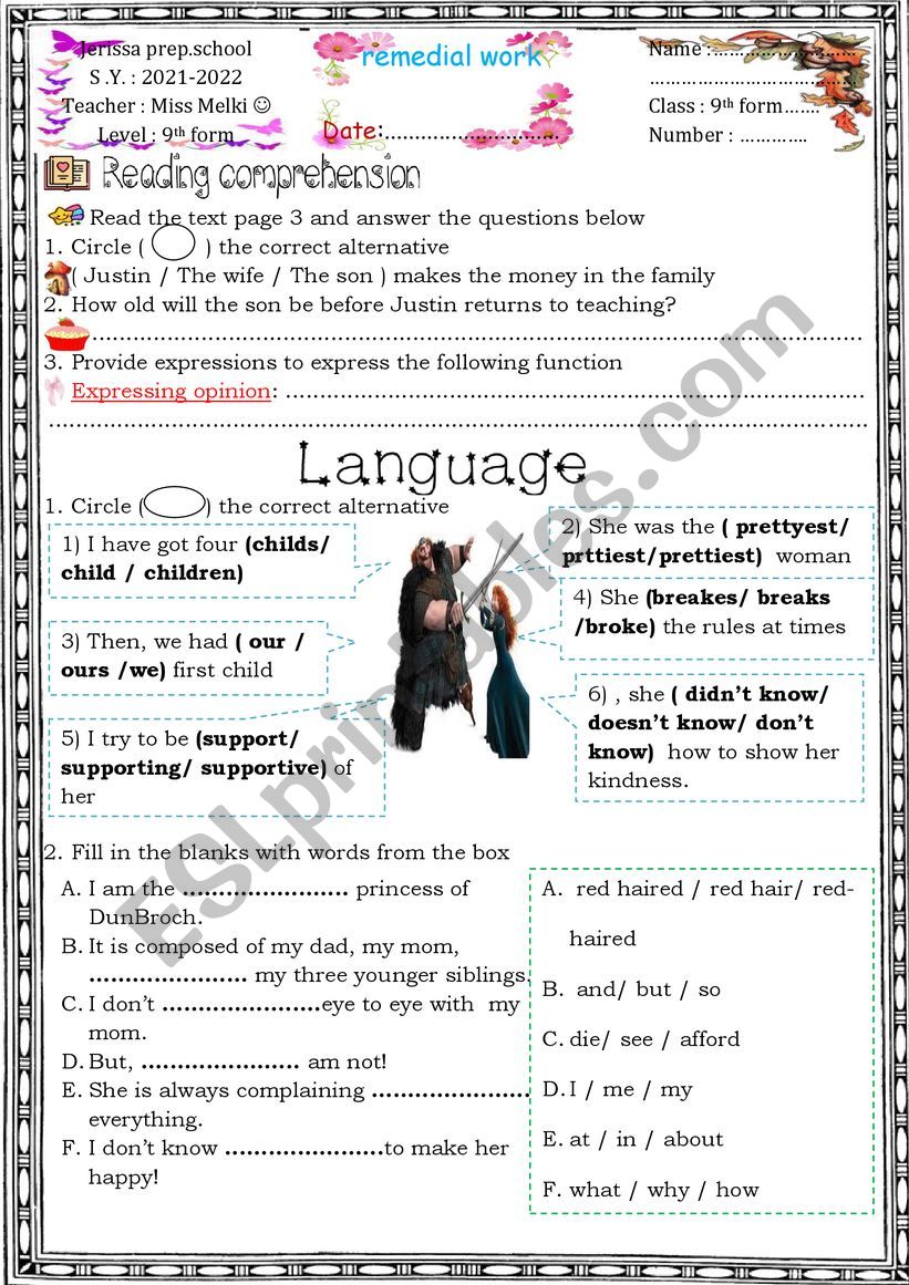 remedial work 9th form worksheet