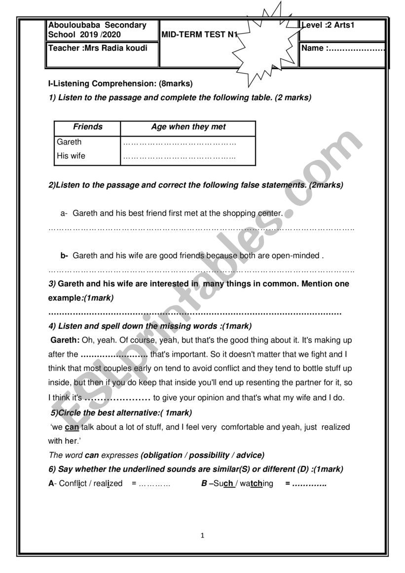 1st mid term test ,2nd form worksheet