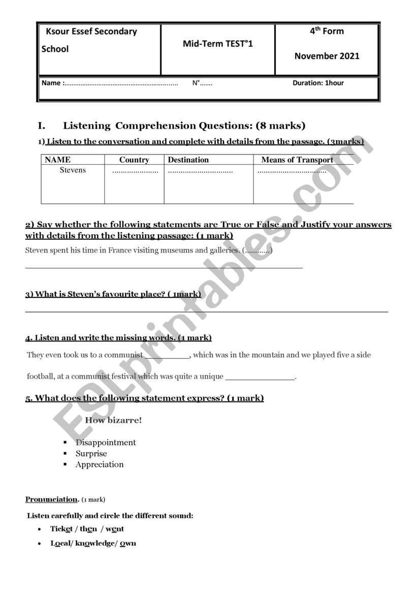 Mid Term Test N1 worksheet