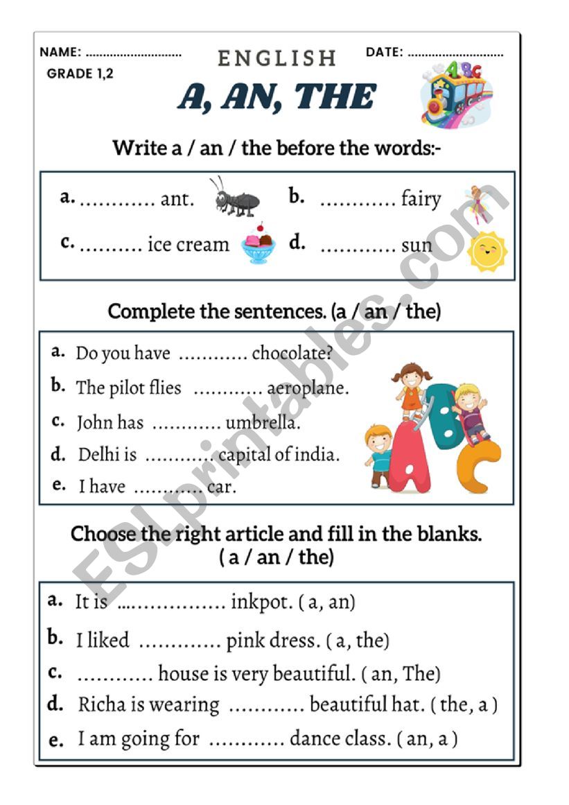 Articles (a, an and the) worksheet