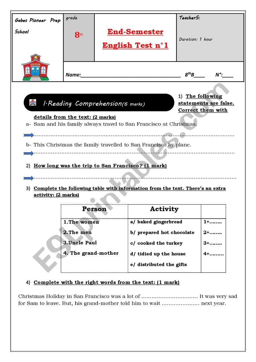 End of term test 1 8th grade Tunisian schools