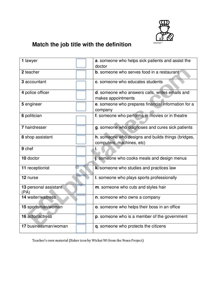 Job matching worksheet
