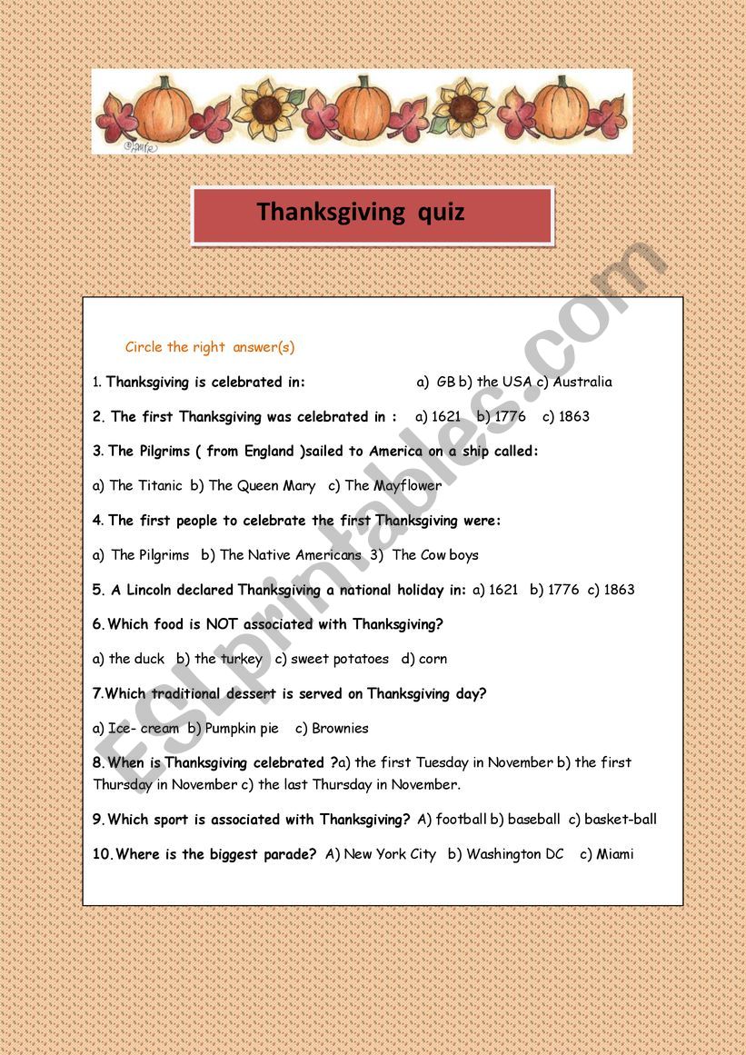 Thanksgiving Quiz worksheet