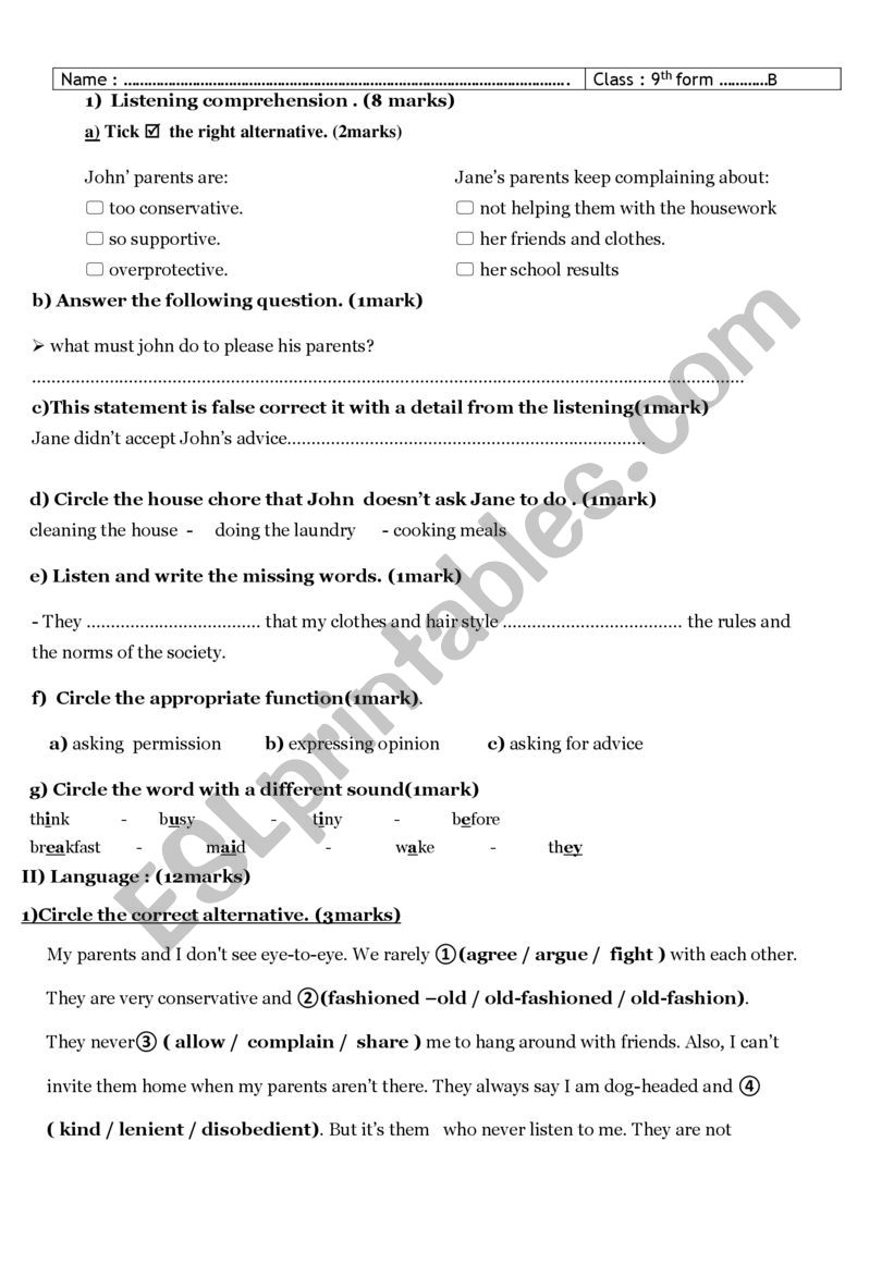 9th Mid test1 worksheet