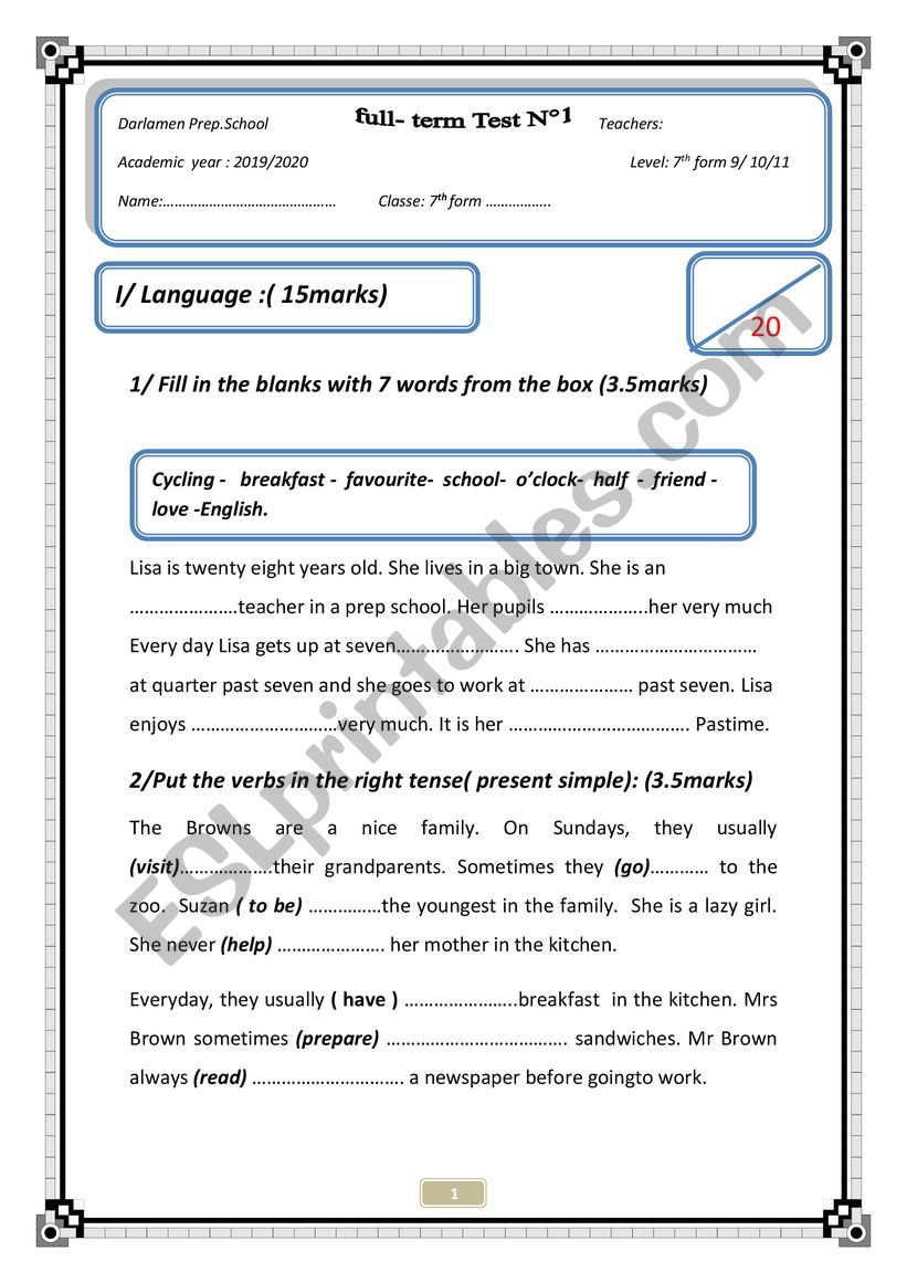 7th form test worksheet