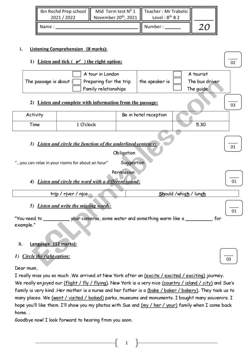 partial test N1 for 8th formers (Tunisian schools)