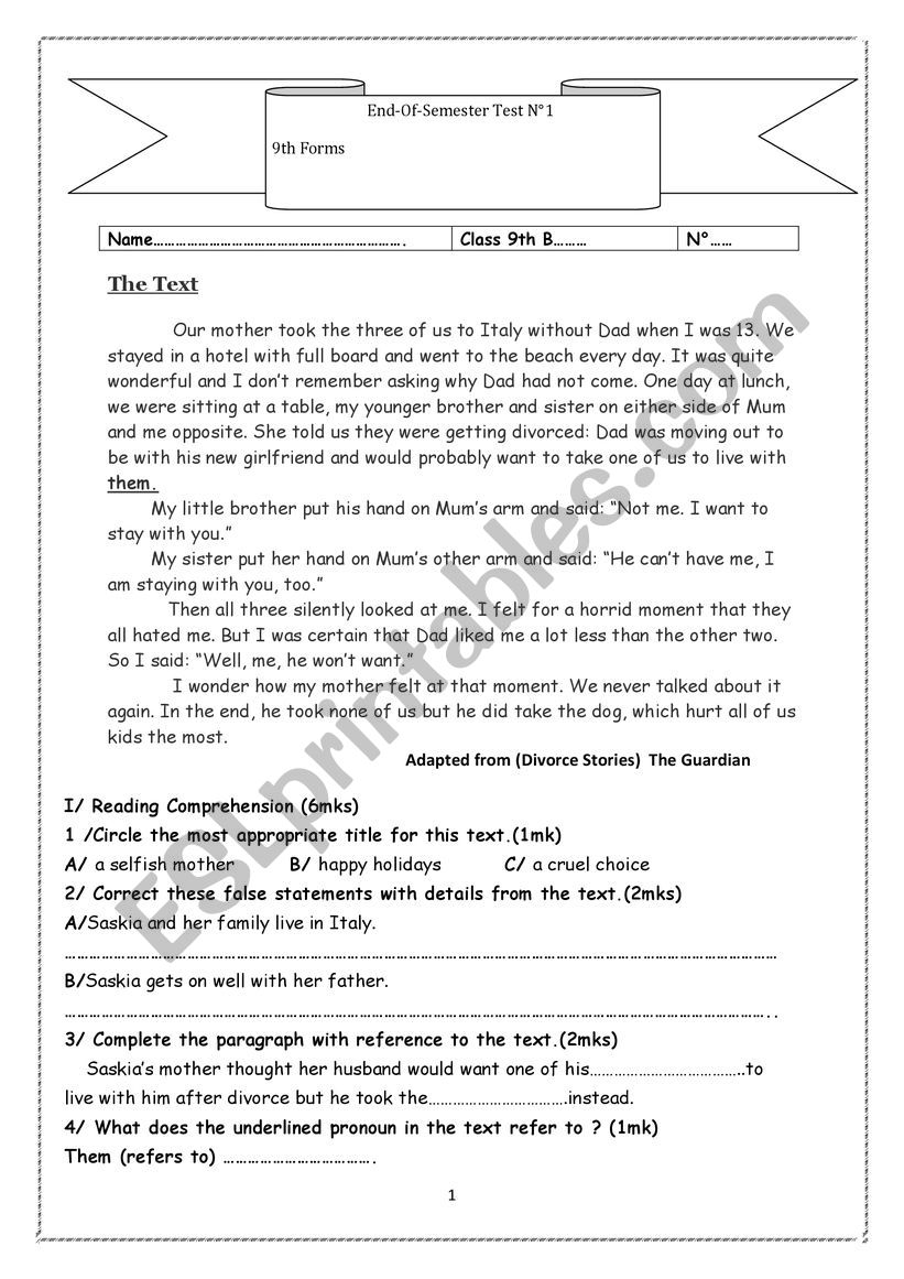 Module 1 Family Relationships / Reading Comprehension