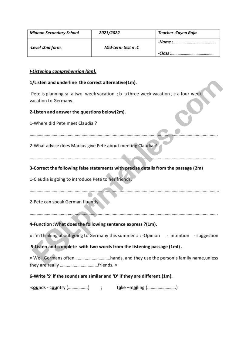 Mid term test for 2nd year worksheet