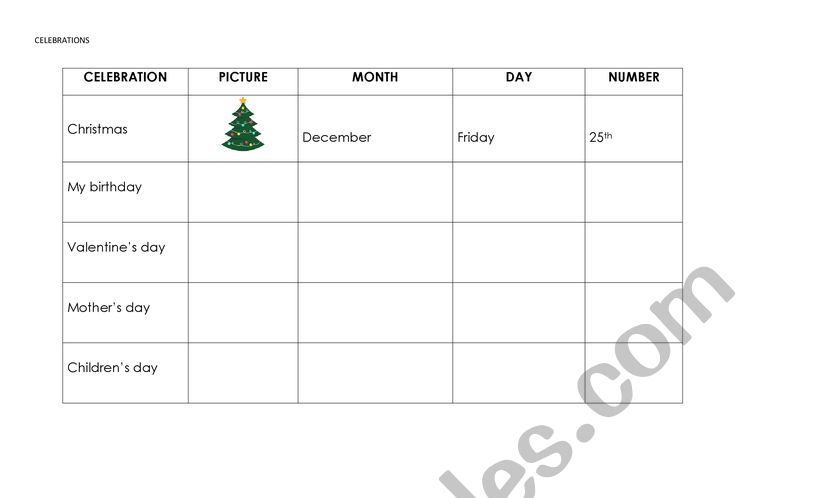 CELEBRATIONS worksheet