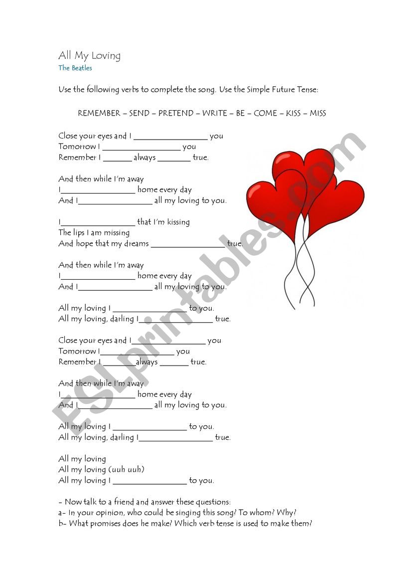 ALL MY LOVING LYRICS EXERCISE worksheet