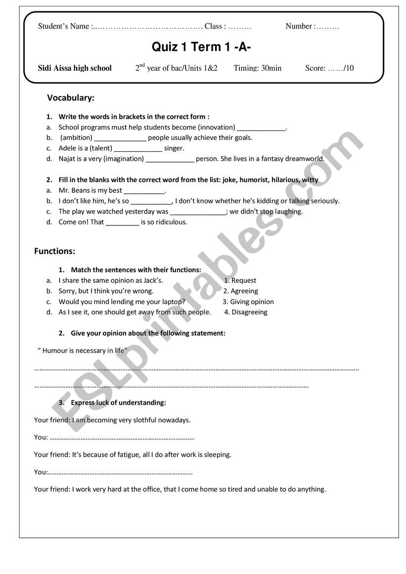 exam worksheet