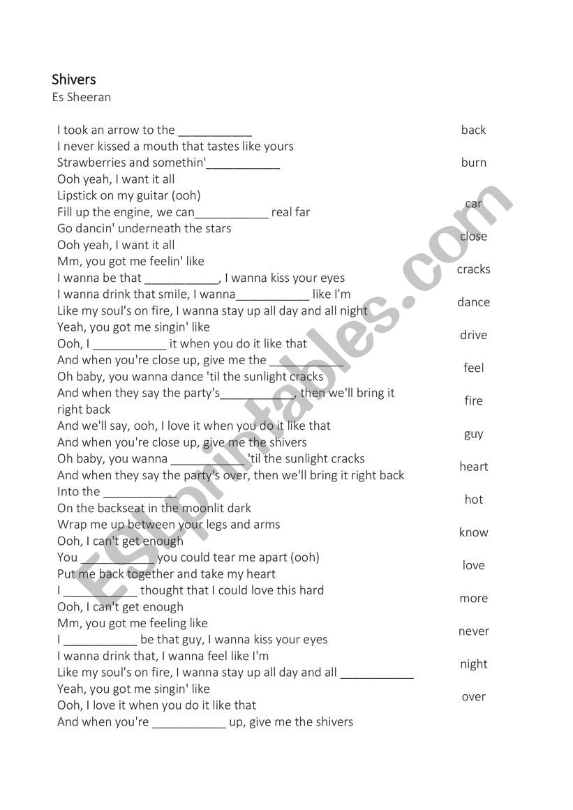 Shivers - Ed Sheeran worksheet