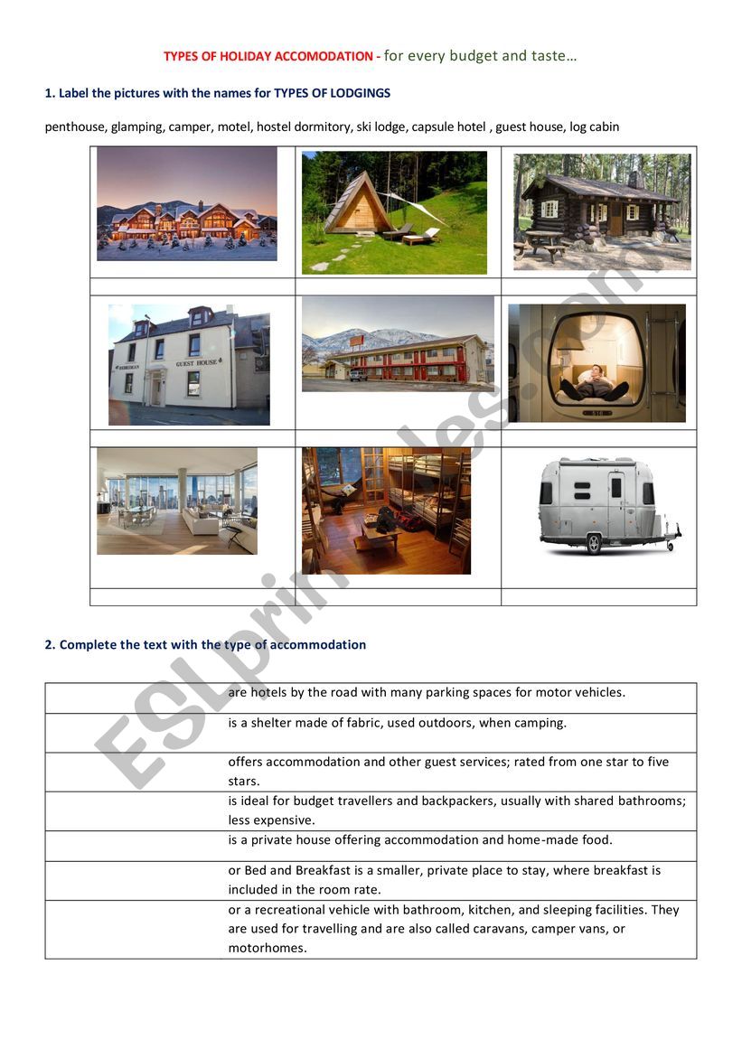 Types of accommodation worksheet