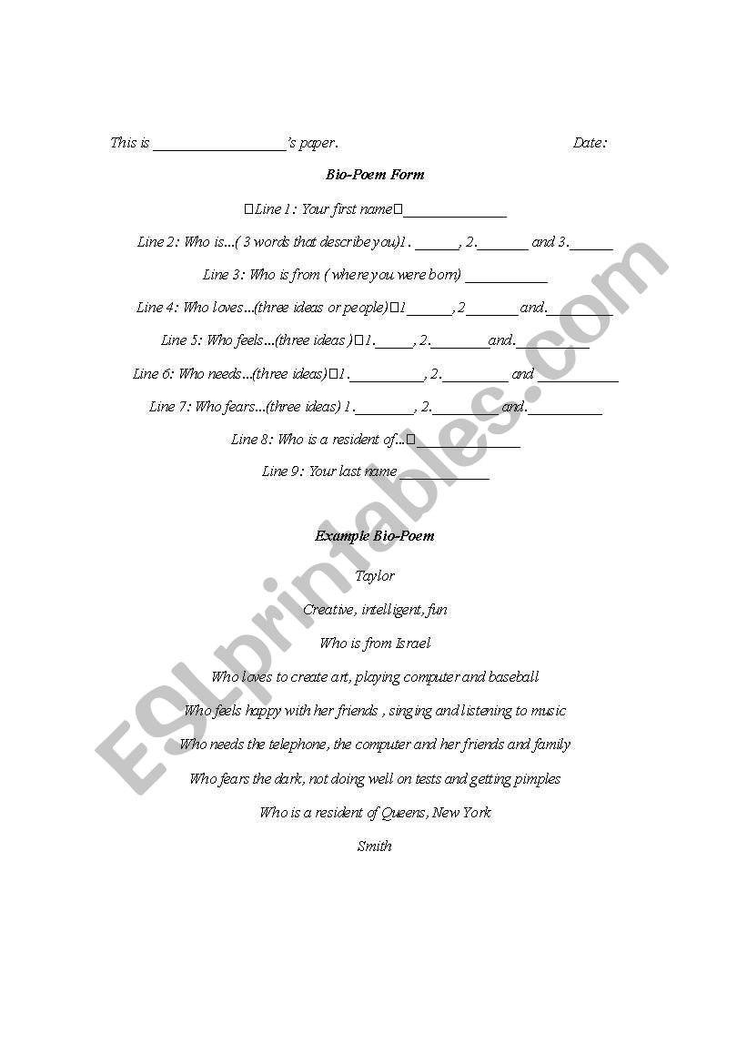 bio poem worksheet