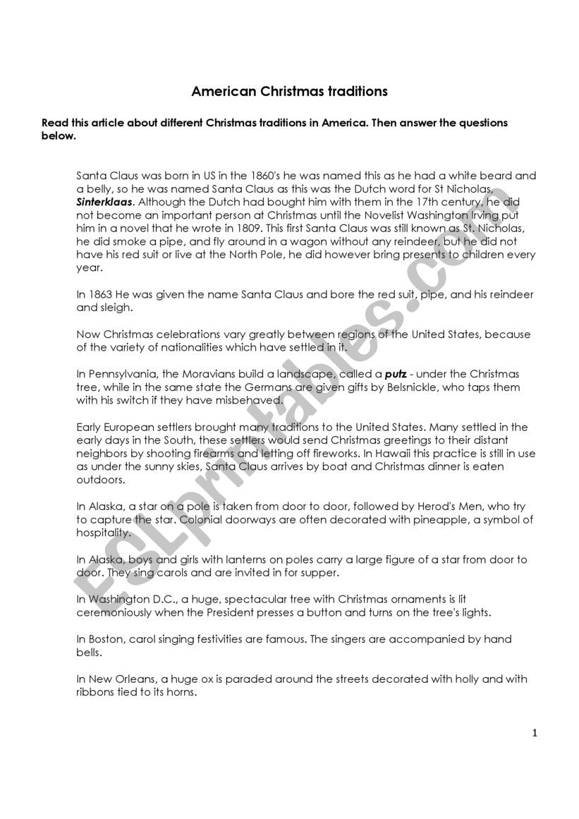 American Cristmas traditions worksheet