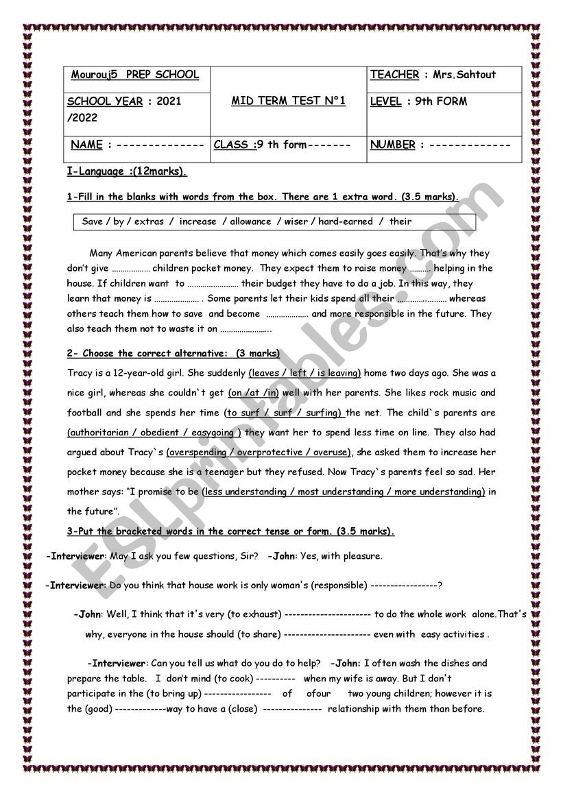 mid term test1 9th form worksheet