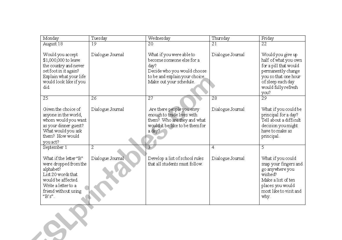 Journal Topics/Promts worksheet