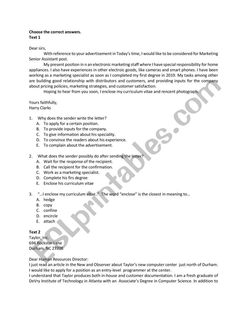 Reading Application letter worksheet