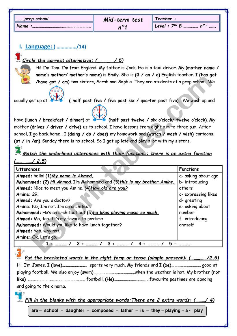 Mid Term Test 7th Form worksheet