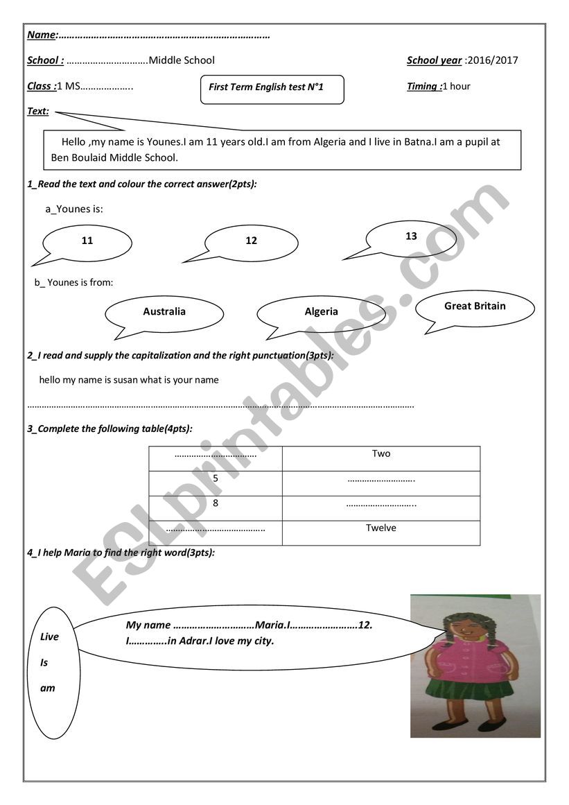 elemetary school exam worksheet