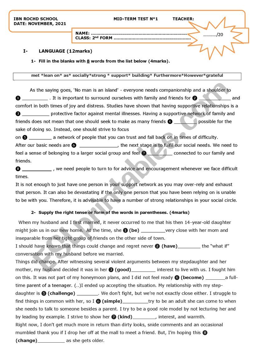 Mid-term test 1 2nd form worksheet