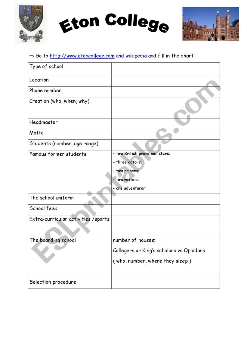 Eton college- a webquest worksheet