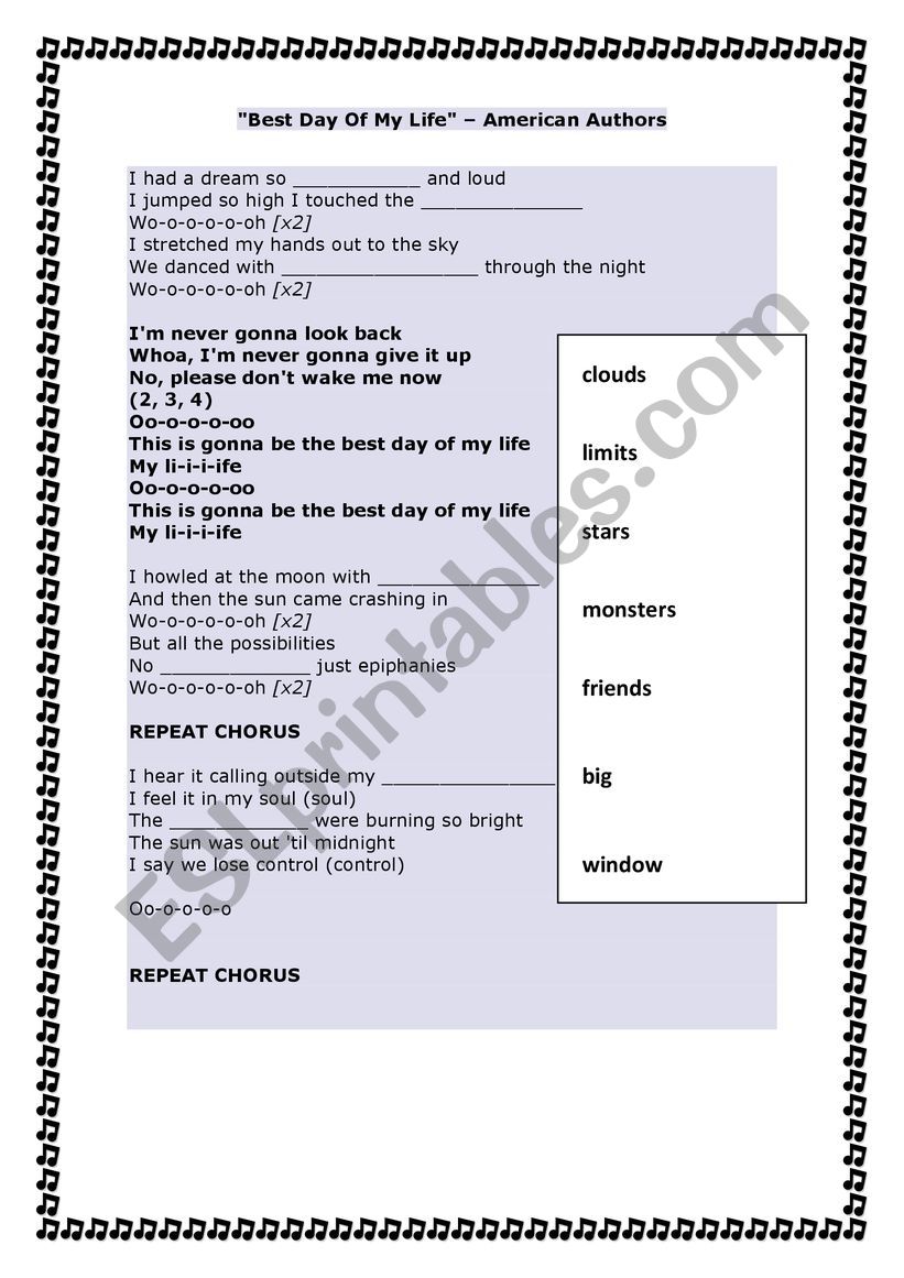 Song Best Day Of My Life worksheet