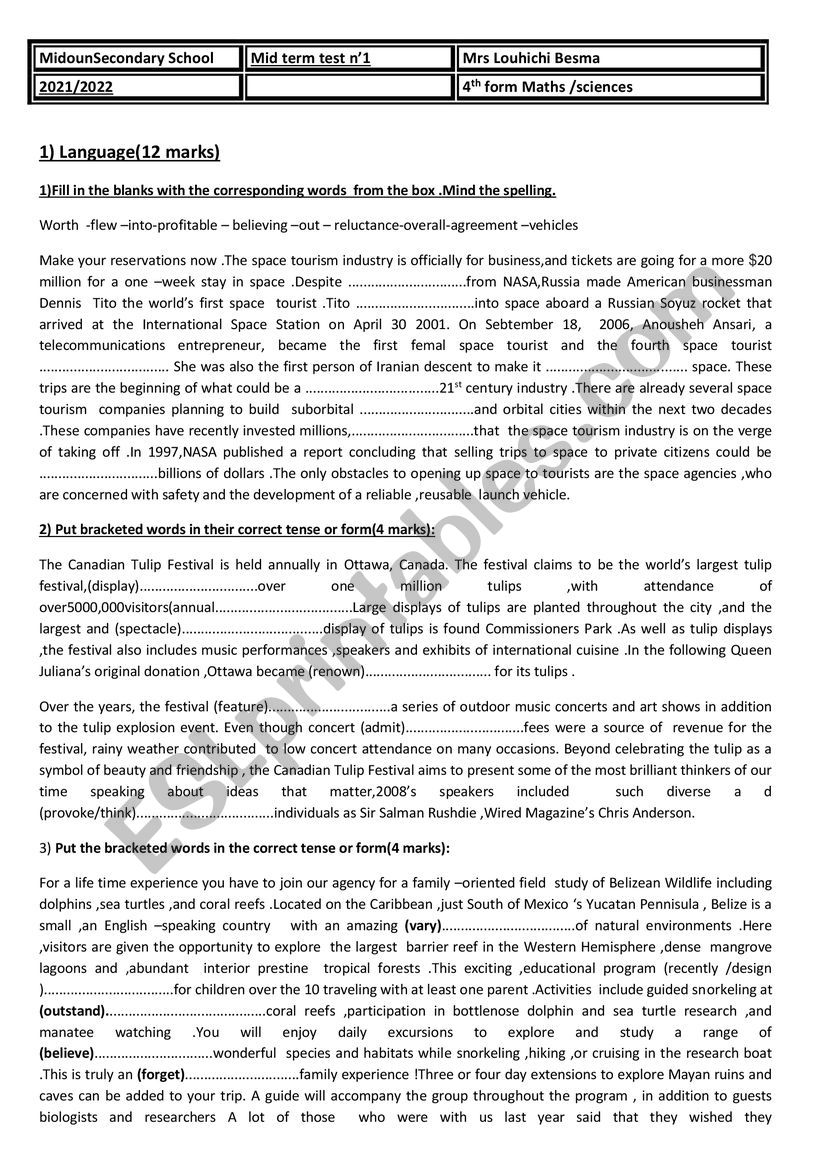 4th form mid term test n1 worksheet