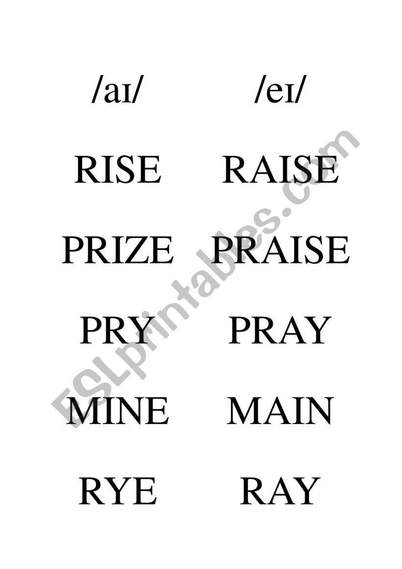 Minimal pairs cards diphthongs /ai/ and /ei/