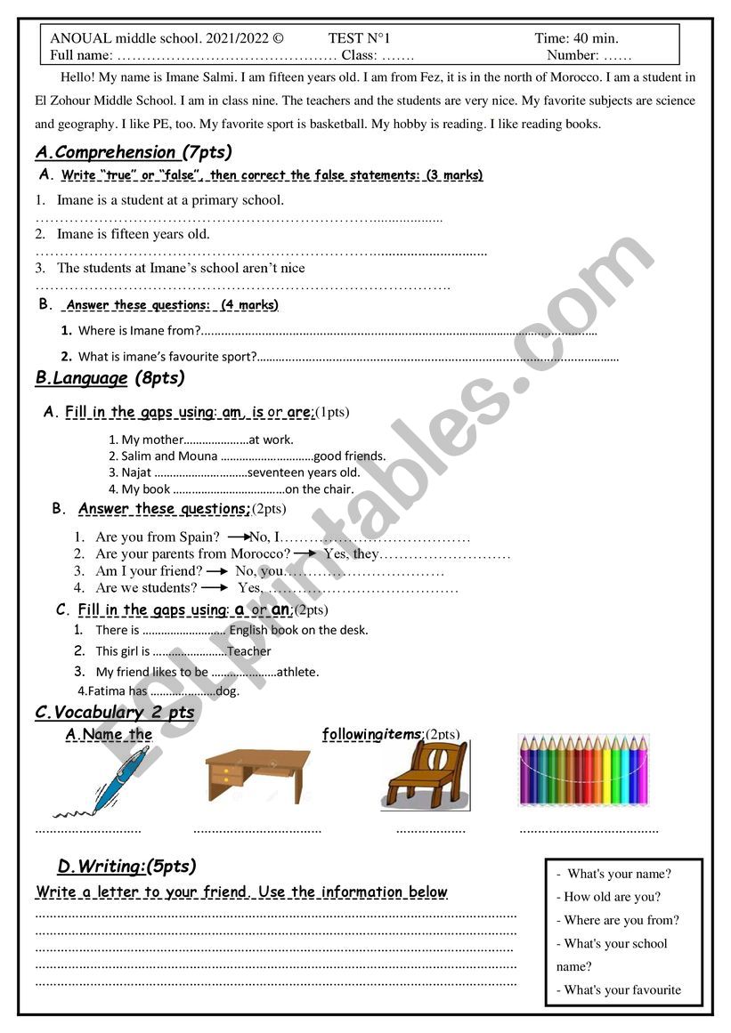 TEST NÂ° 1 worksheet
