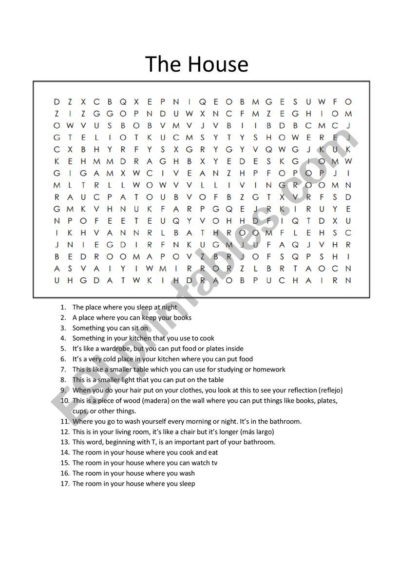 Parts of house and furniture/appliances wordsearch