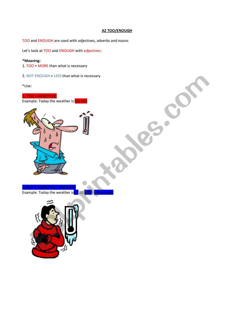 Too vs Not Enough worksheet