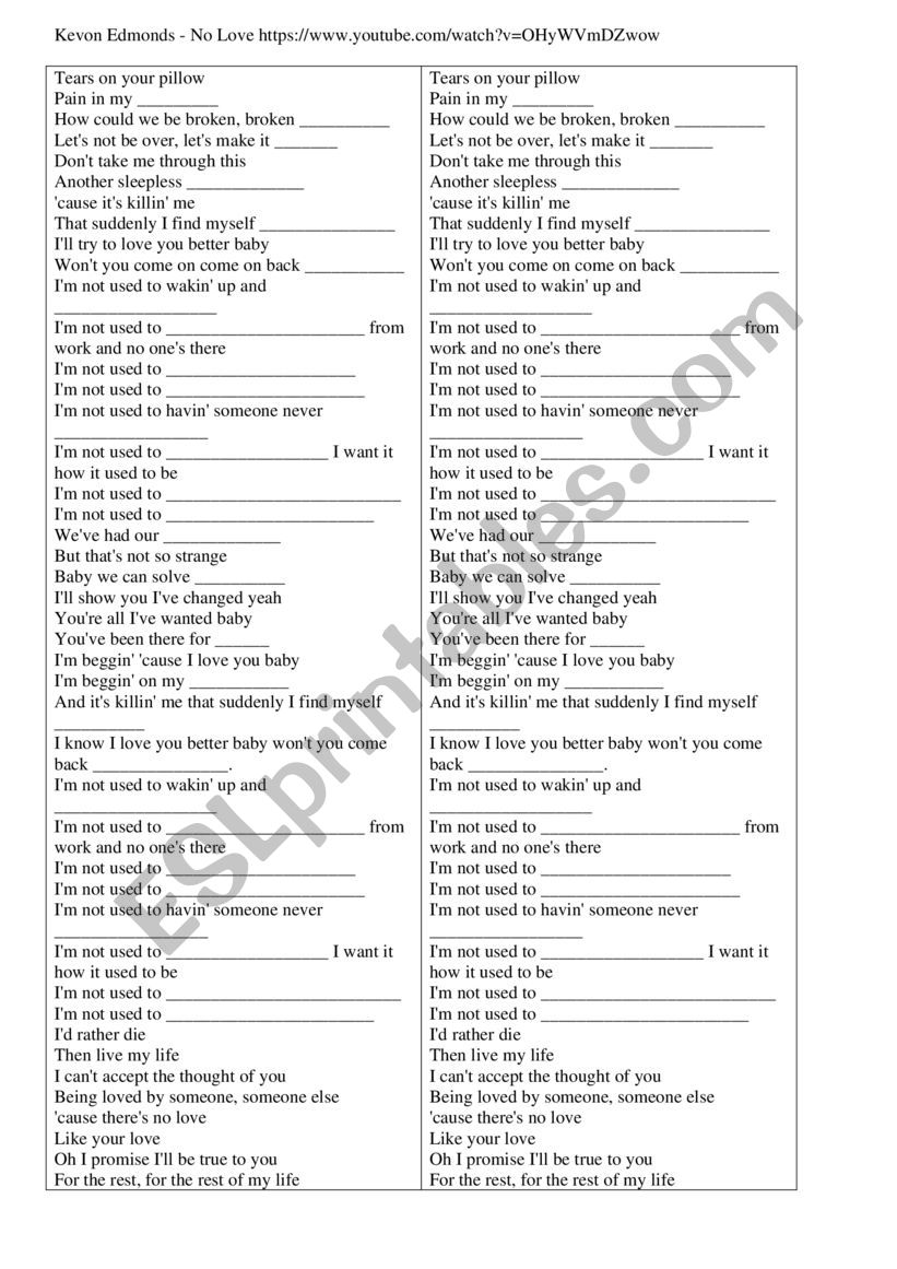 No love song worksheet worksheet