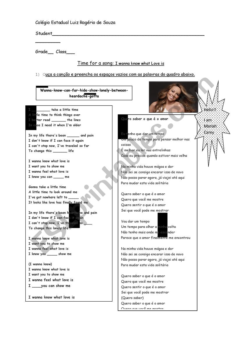 I wanna know what love is worksheet