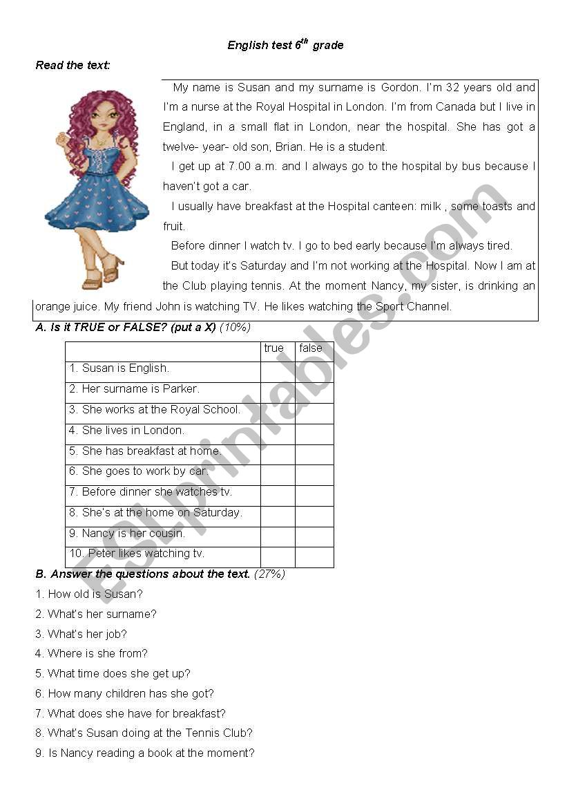 Revision test 6th grade worksheet