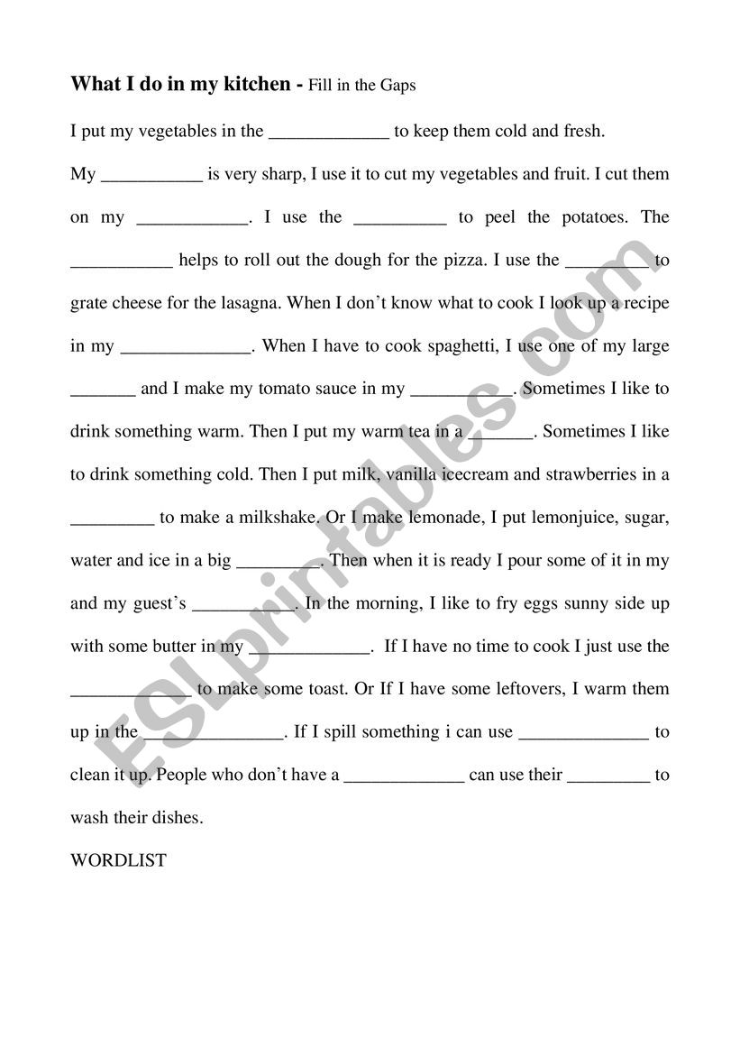 gap text kitchen utensils worksheet