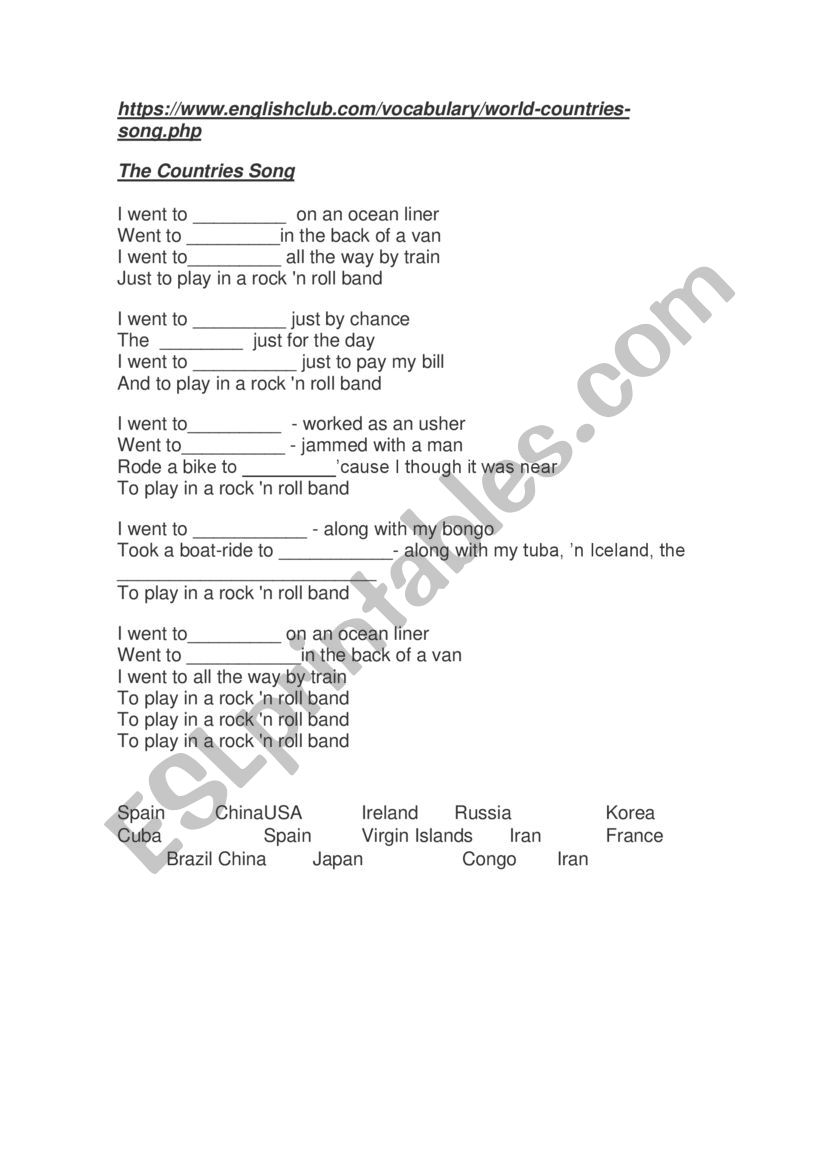 countries song worksheet